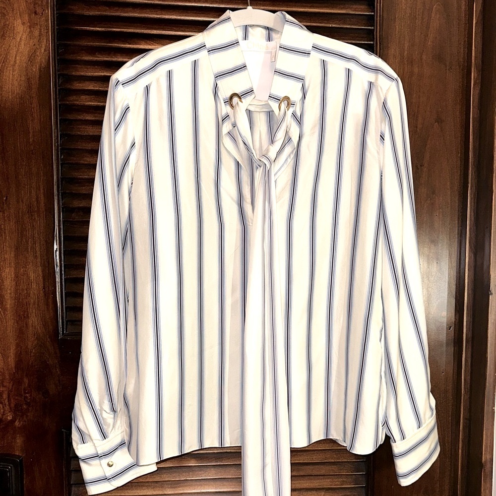 CHLOE Tie Neck, Keyhole-Front, Long-Sleeve Striped Silk Blouse
⭐️Like new💫